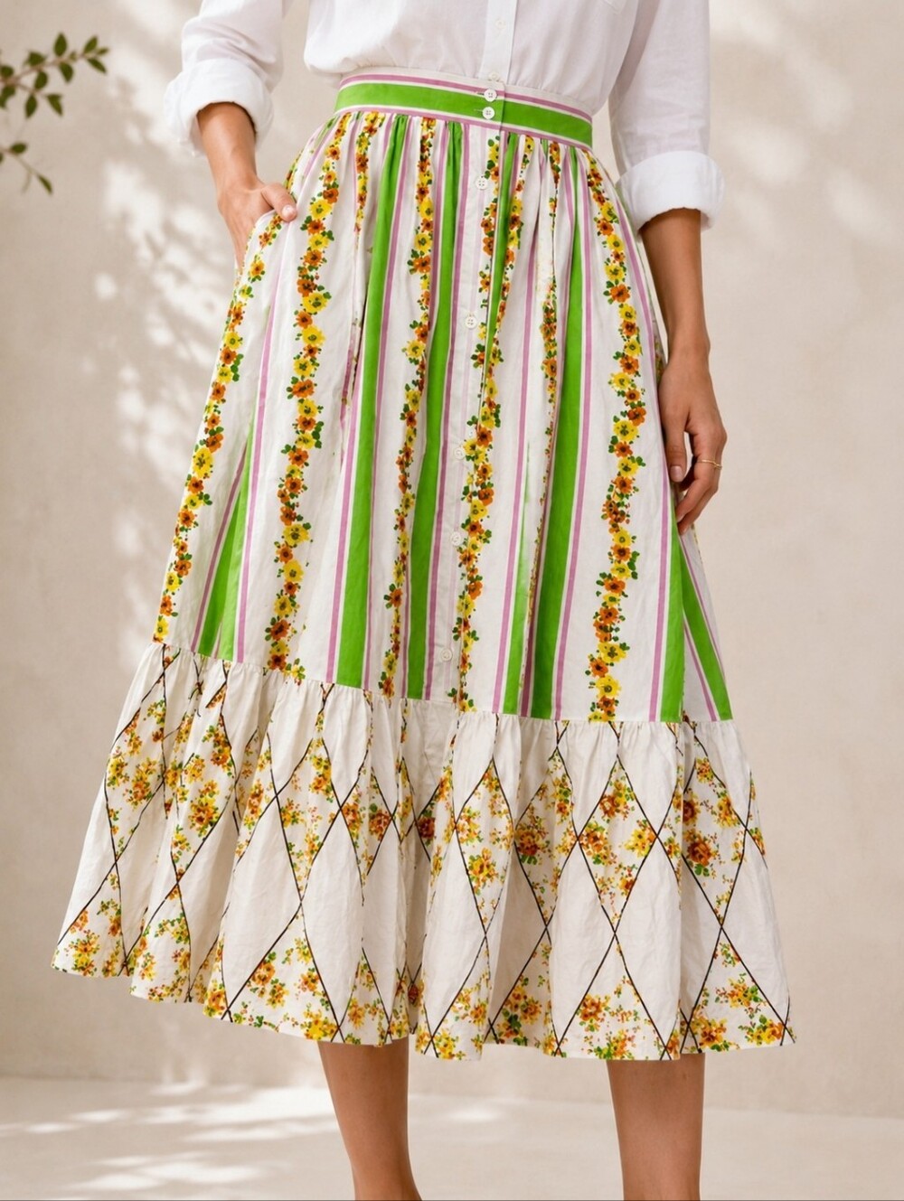 MSGM Designer Cotton Floral Maxi Skirt Striped Green Summer Statement Piece NWT